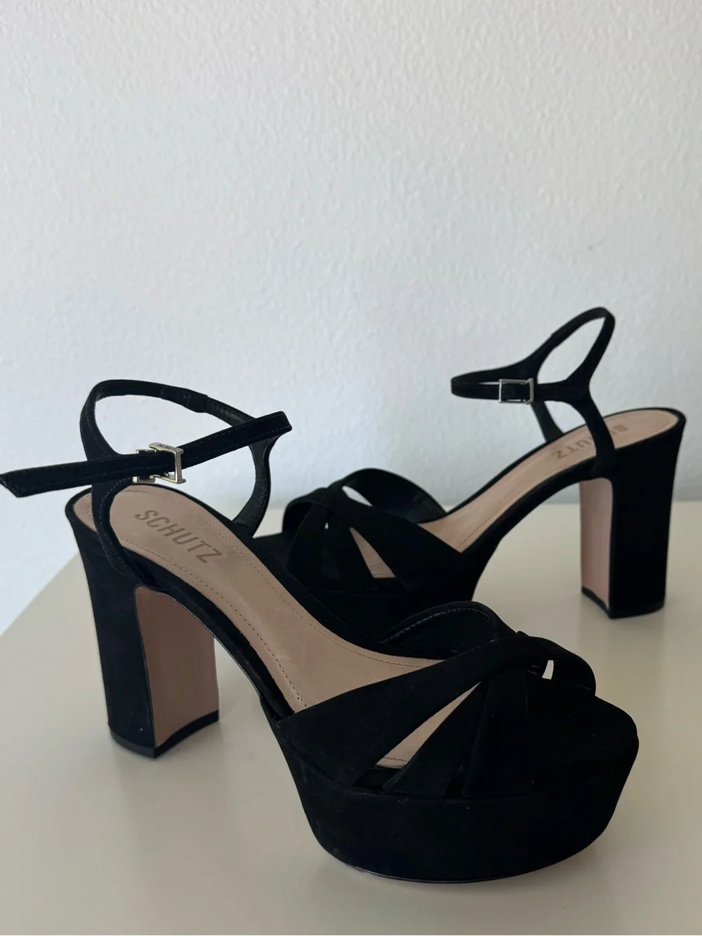 Schutz Black Keefa Suede Platform Sandals with Ankle Strap 8.5